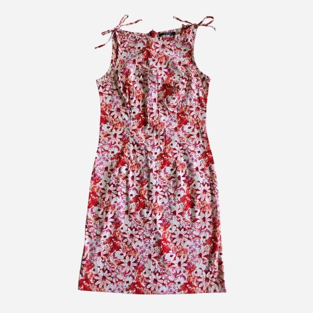Vintage B. Moss 90s, y2k pink floral stretch shift spring dress w shoulder ties